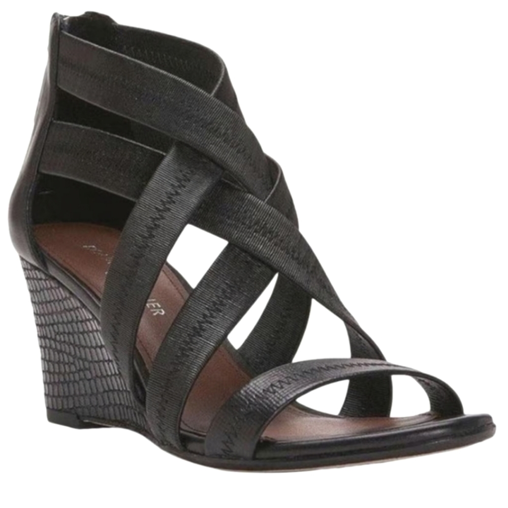 Donald J. Pilner Jemi Black Wedge Heel Criss Cross Sandals Pumps Heels sz 7.5M